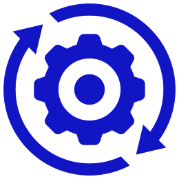 Blue gear with circular arrows symbol.