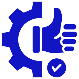 Blue gear, thumbs up, checkmark icon.